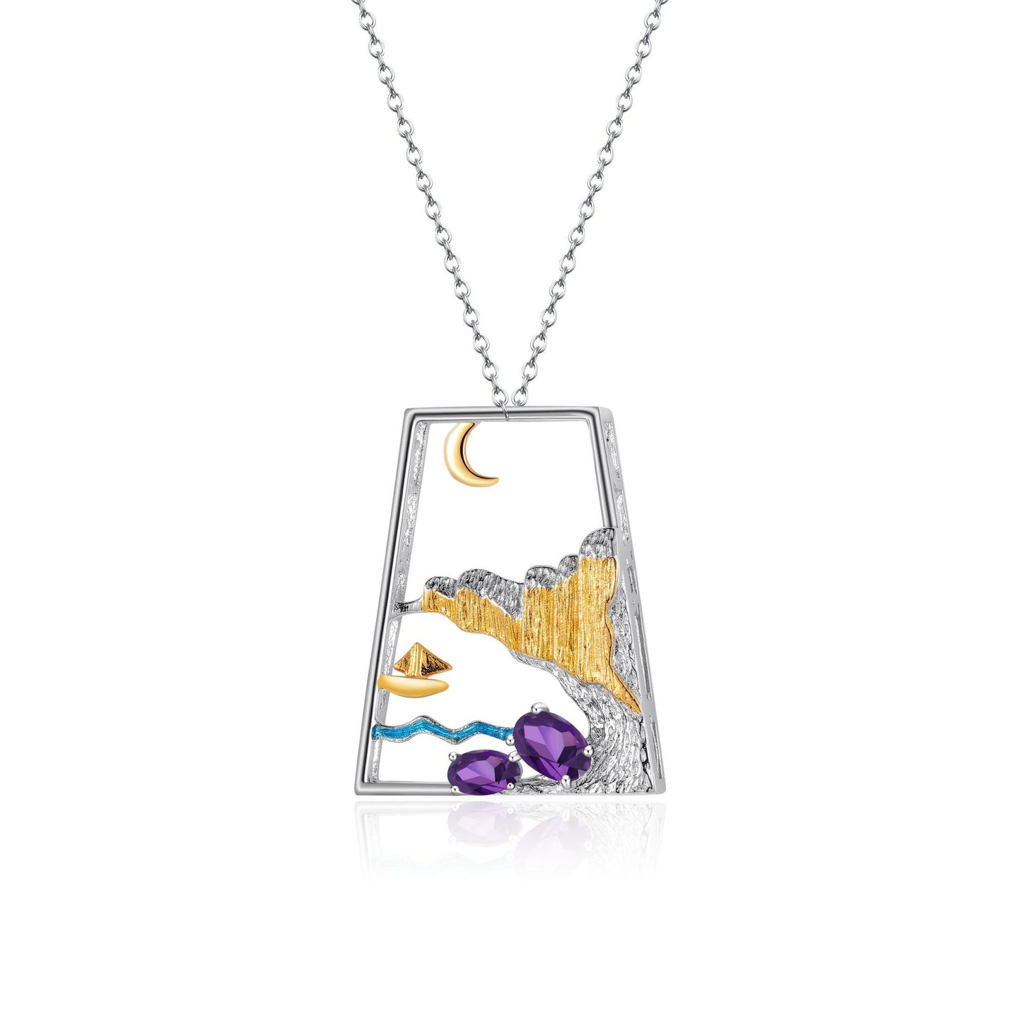 Original Design Inlaid Natural Colourful Gemstone Moonlight Wave Full of Painted Boats High Beauty Pendant Silver Necklace for Women