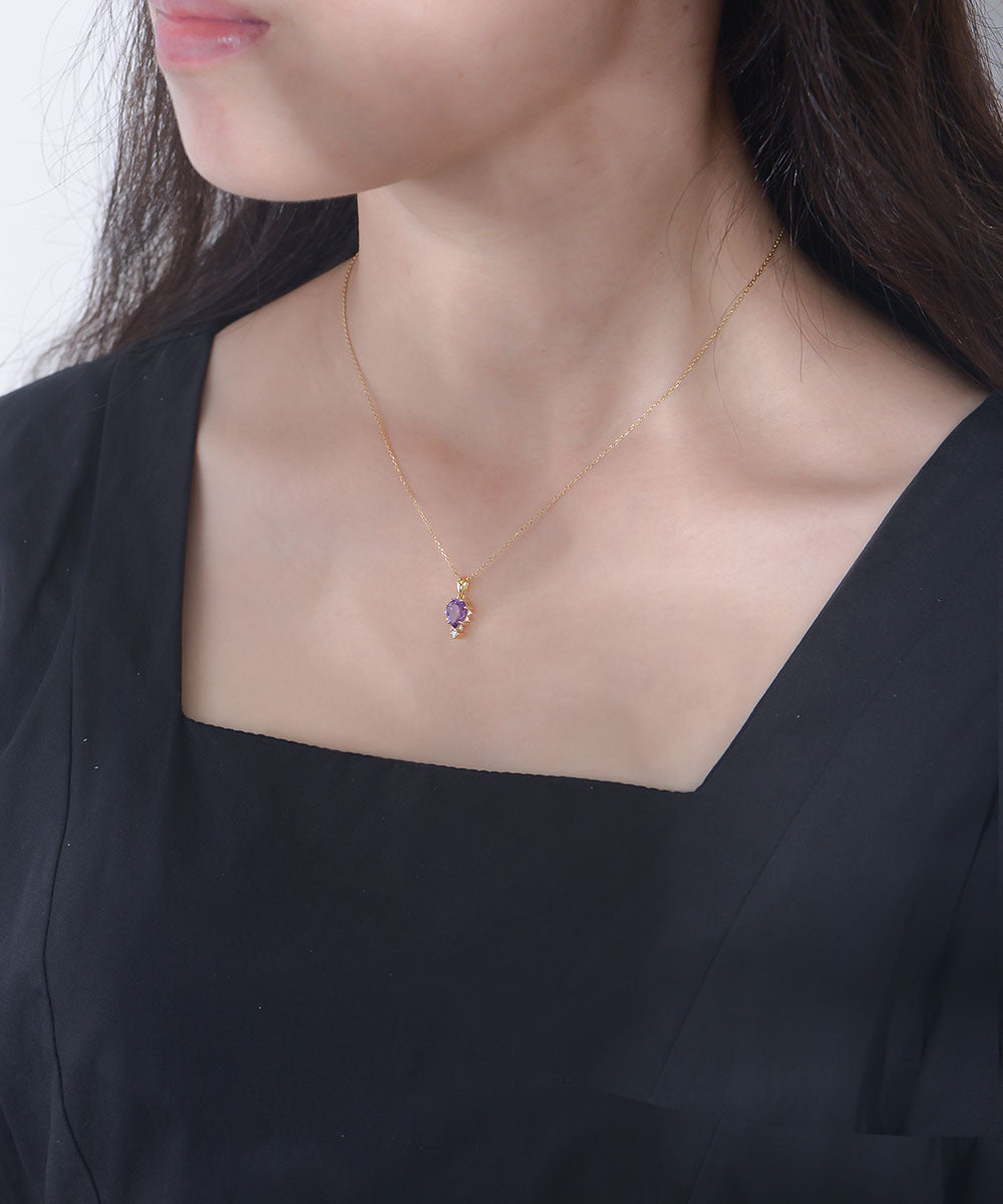 Natural Amethyst with Zircon Pendant Sterling Silver Necklace for Women