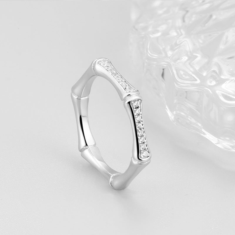 Bamboo Desgin with Zircon Silver Ring for Women