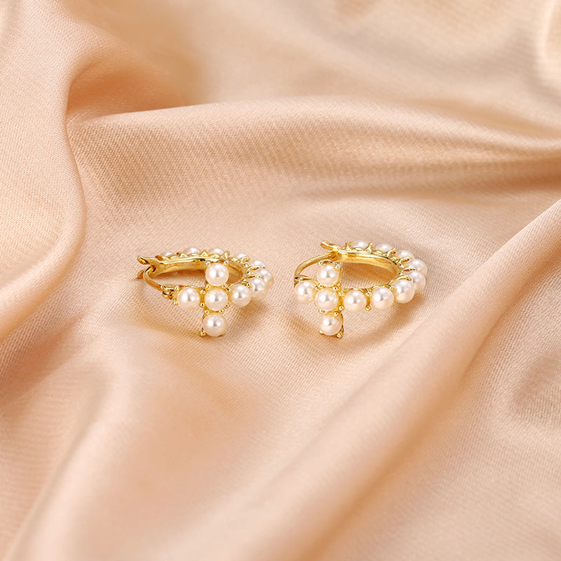 Cross with Pearl Silver Hoop Earrings for Women