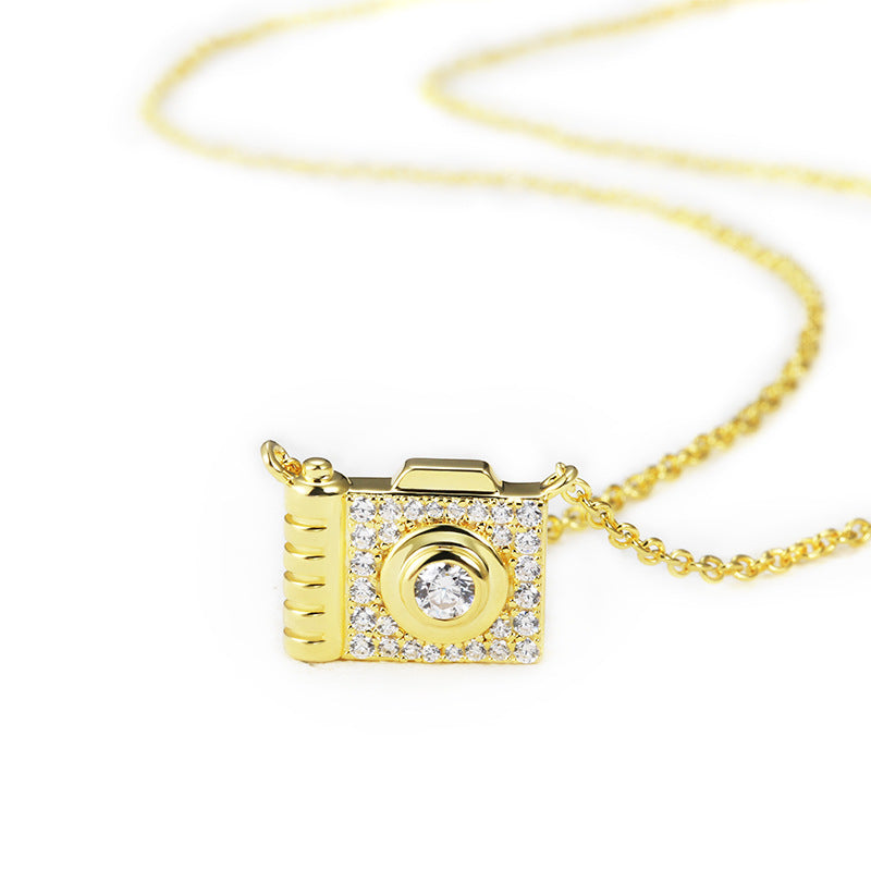 Zircon Camera Pendant Silver Necklace for Women
