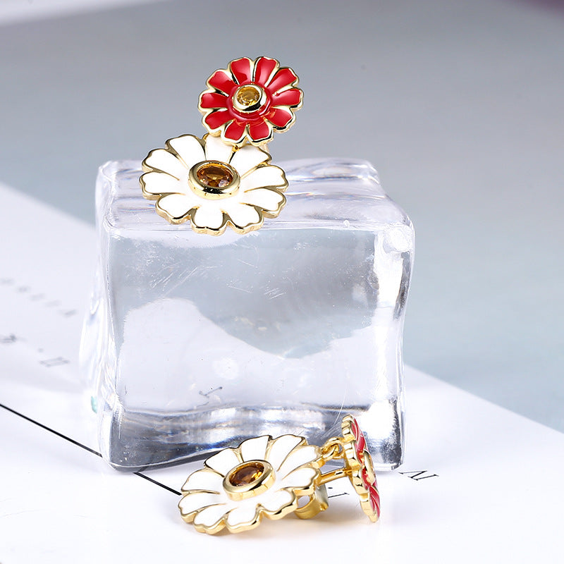 Colourful Daisy Flower with Yellow Zircon Silver Drop Earrings for Women