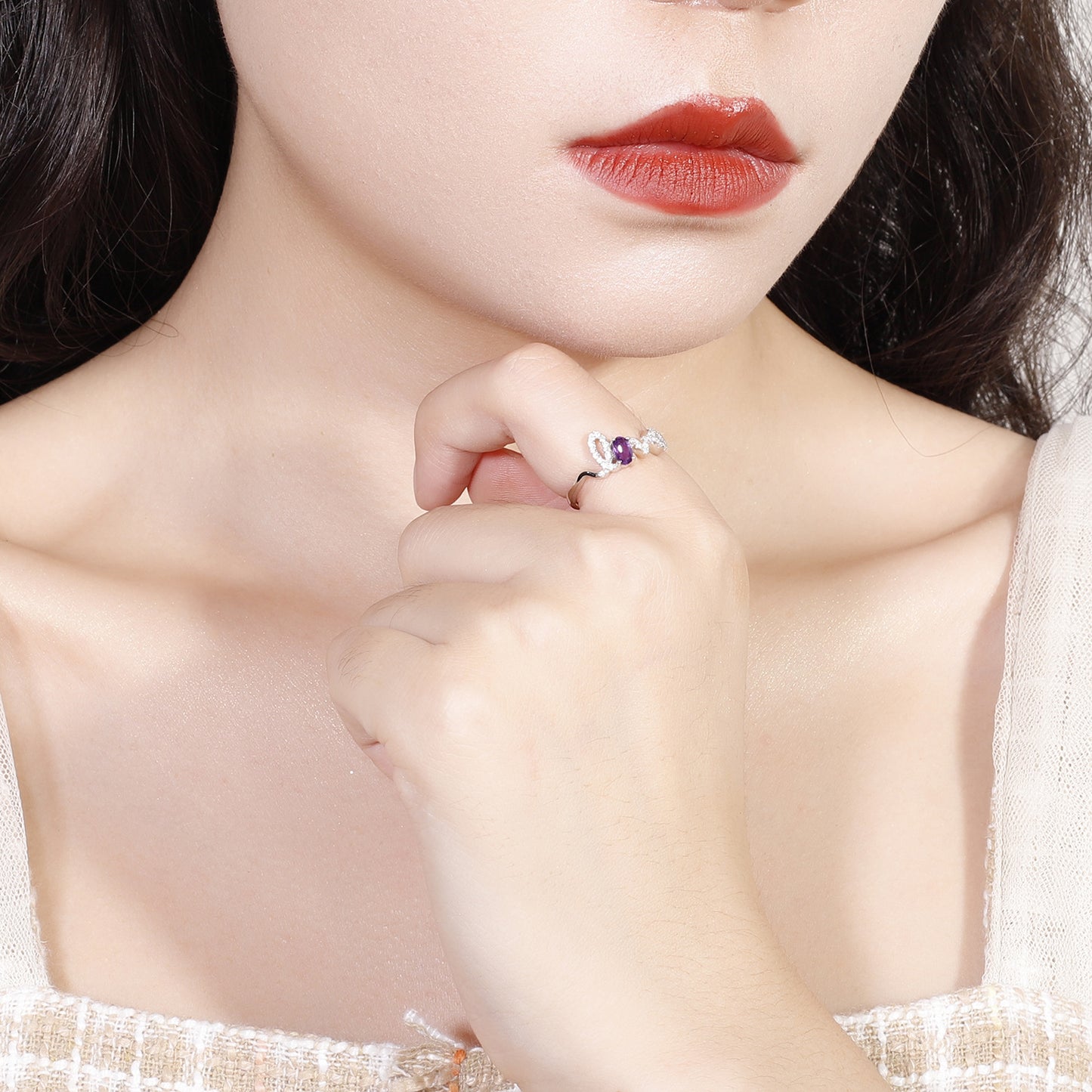 European Natural Amethyst LOVE Letter Sterling Silver Ring for Women