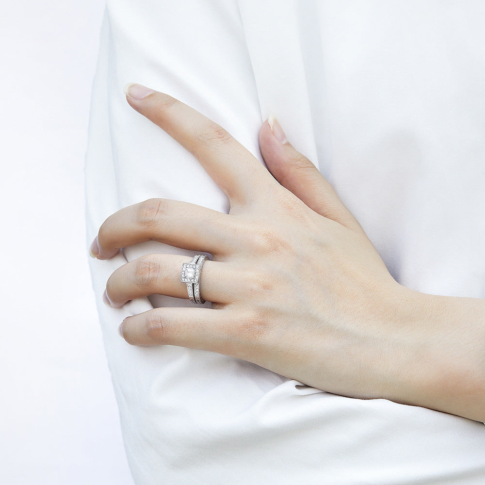 Princess Cut Zircon Square Soleste Halo Silver Ring Set