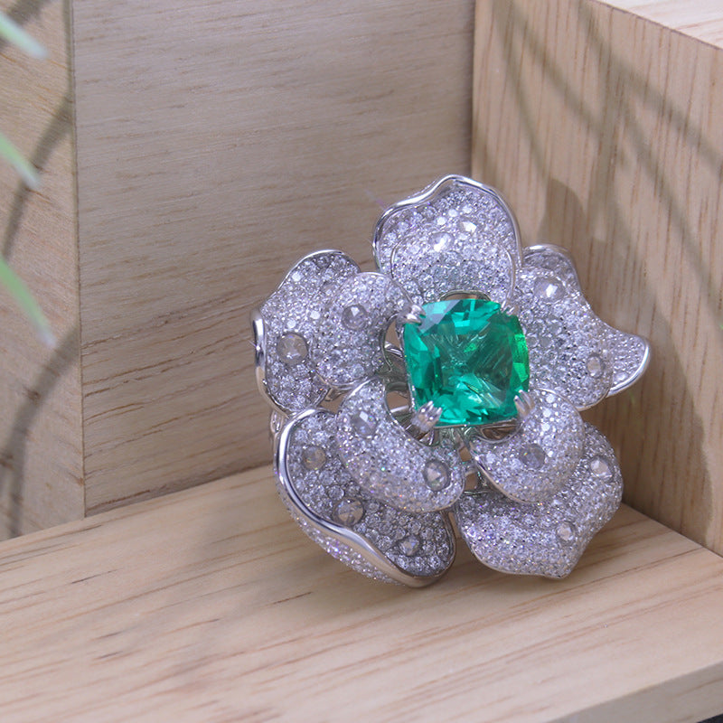 Lab-Created Emerald 10*10mm Square Ice Cut Luxurious Flower Silver Ring for Women