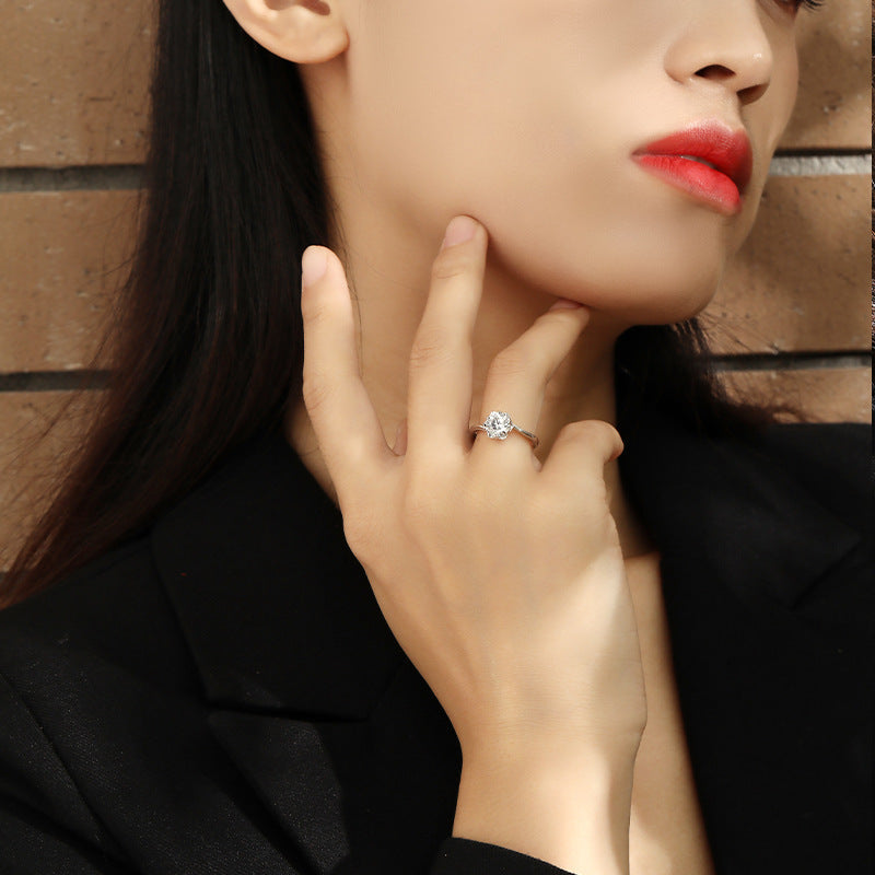 Round Zircon Flower Solitaire Silver Ring