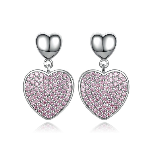 Full Pink Zircon Heart Silver Drop Earrings for Women