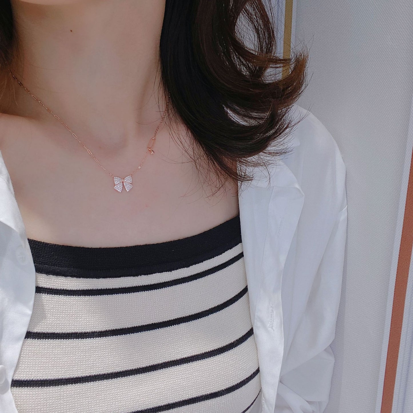 Full Zircon Bowknot Pendant Silver Necklace for Women