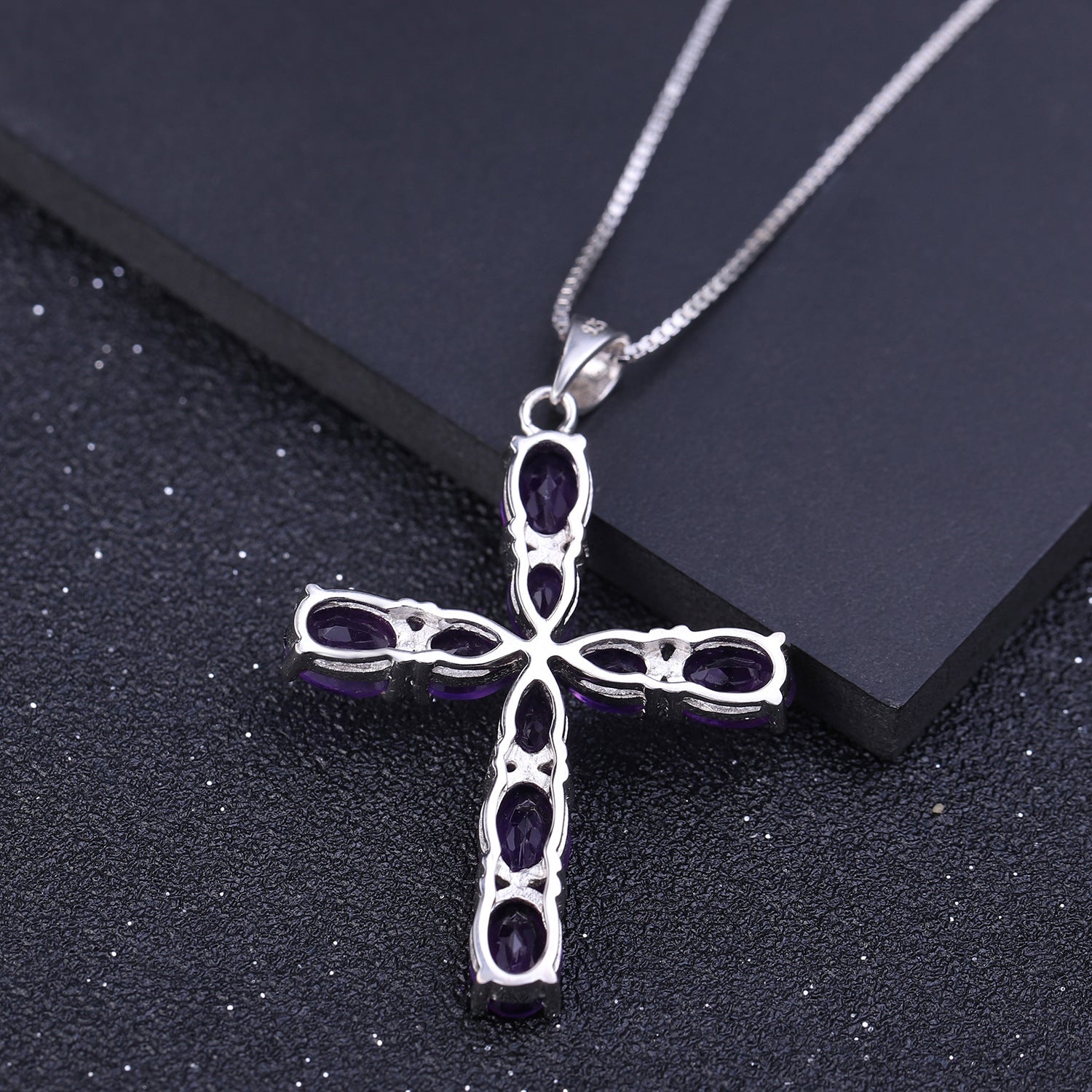 Europen Style Inlaid Natural Amethyst Cross Pendant Silver Necklace for Women