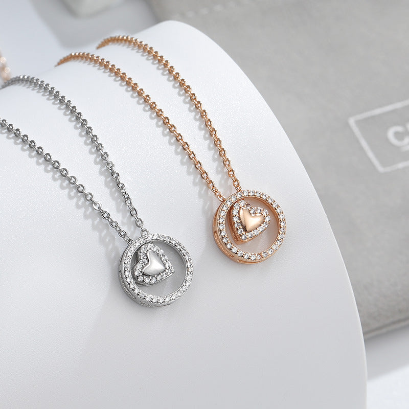 Zircon Circle with Heart Pendant Silver Necklace for Women