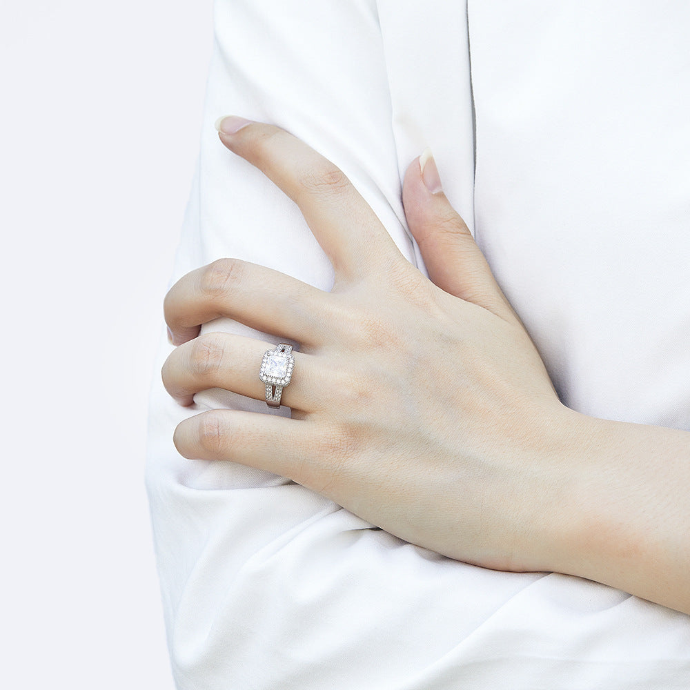 Princess Cut Zircon Soleste Halo with Modern Split Shank Silver Ring