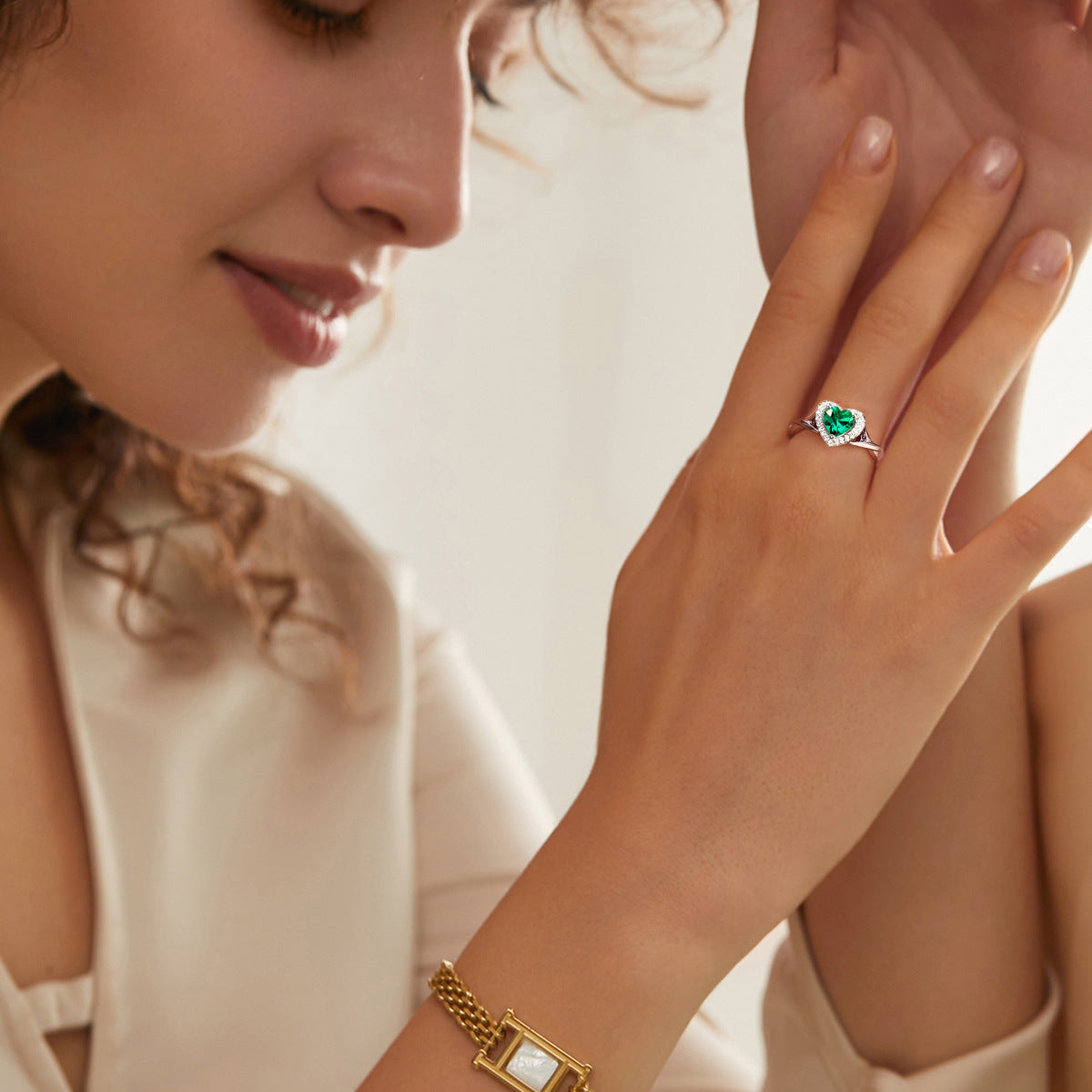 Heart-shape Colourful Zircon Soleste Halo Split Shank Silver Ring for Women