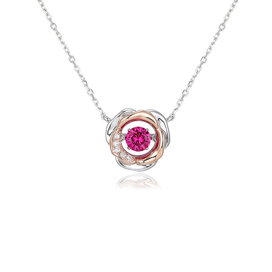 Barbie Pink Zircon Camellia Pendant Silver Necklace for Women