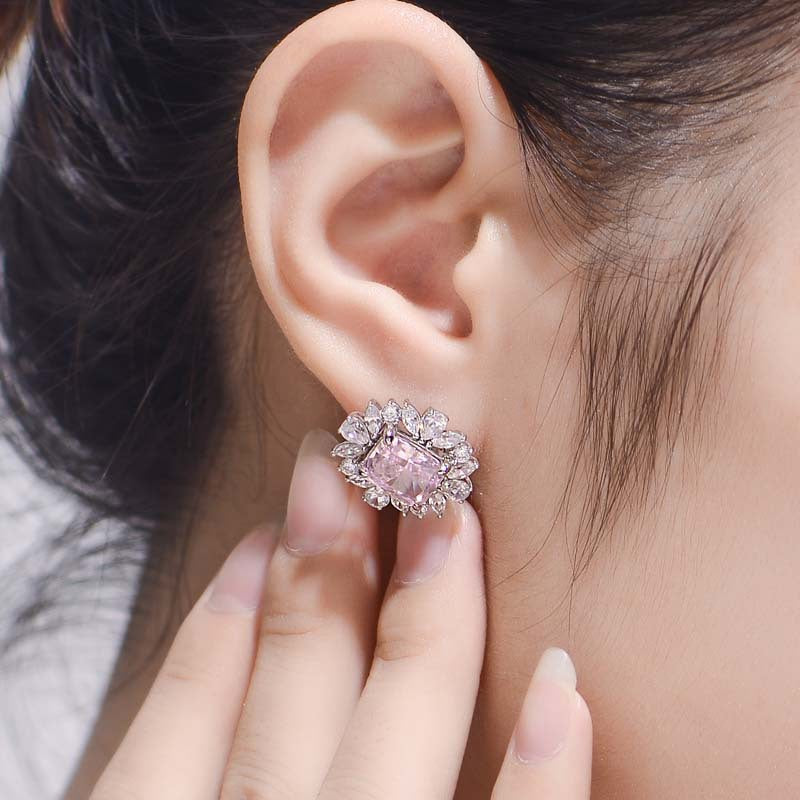 Pink Zircon 7*9mm Rectangle Ice Cut Luxurious Silver Studs Earrings for Women
