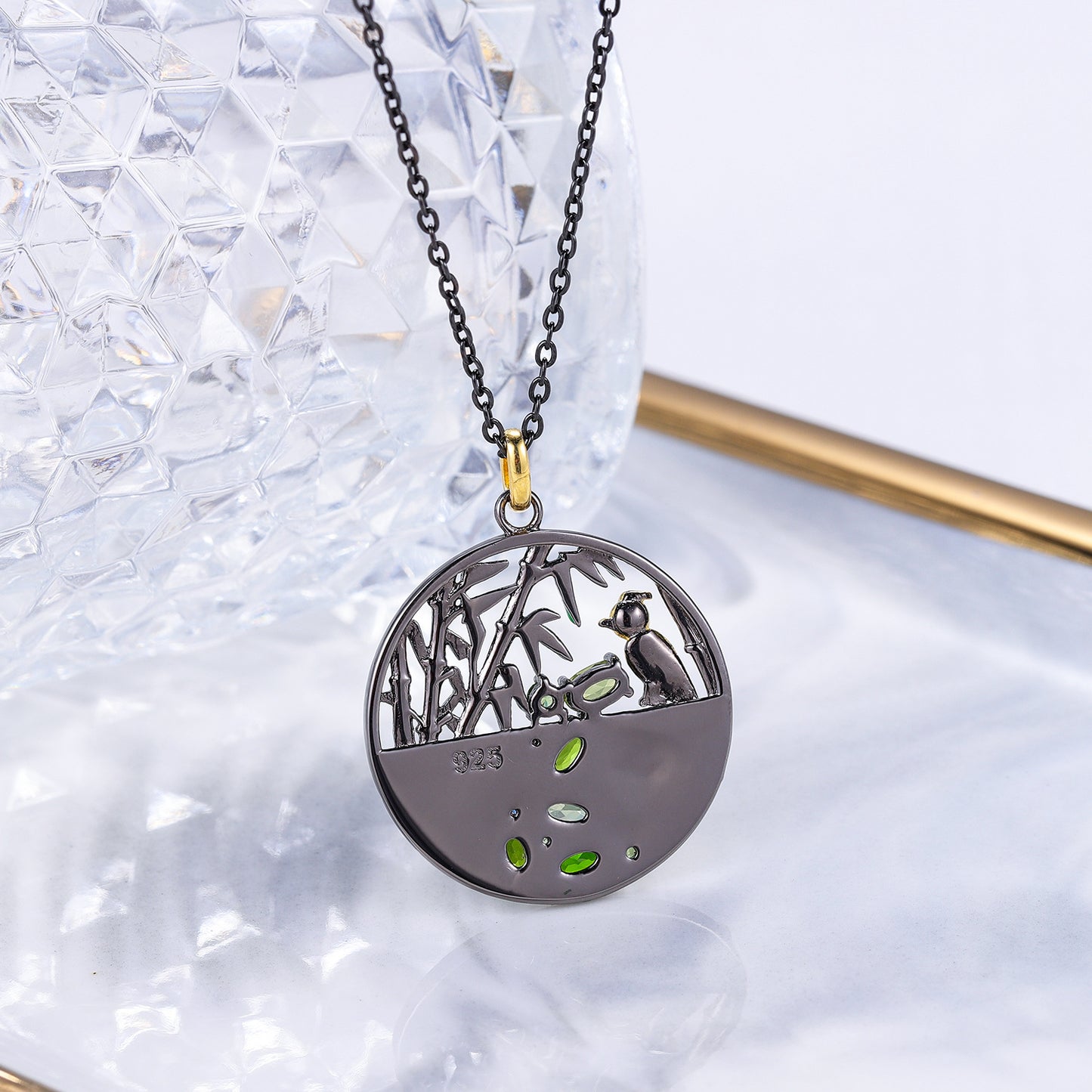 Natural Design Antique Style Inlaid Natural Olivine Bird and Bamboo Creative Niche Pendants Silver Necklace for Women
