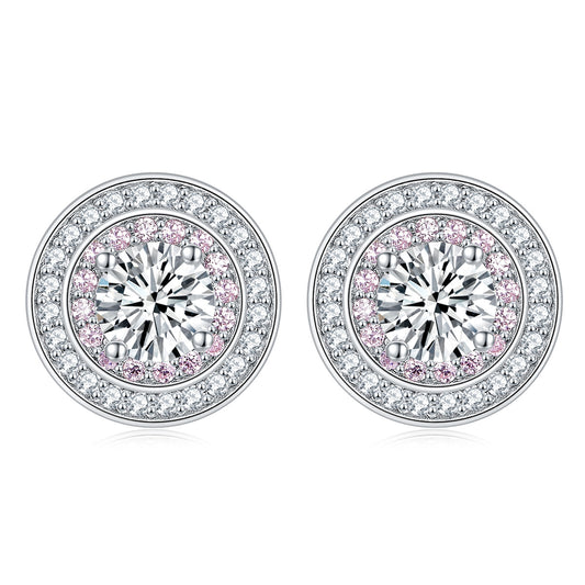 Round Zircon Soleste Halo with Pink Zircon Silver Studs Earrings for Women