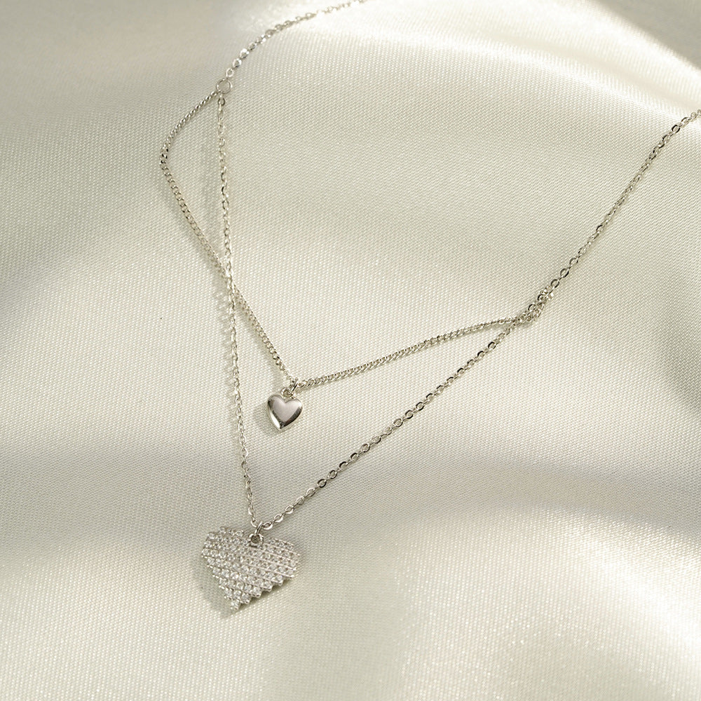 (Two Colours) White Zircon Heart Shape Double Pendants 925 Silver Collarbone Necklace for Women
