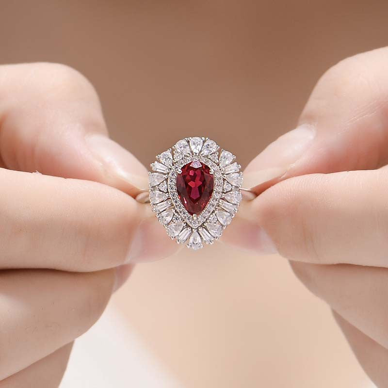 Lab-Created Ruby 6*9mm Water Droplet Soleste Halo Silver Ring for Women