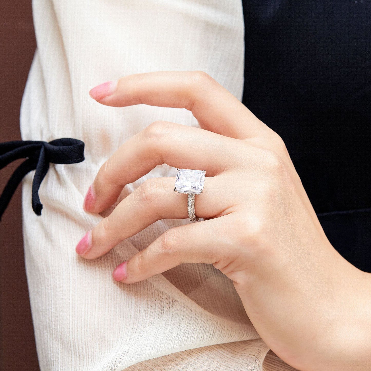 Radiant Cut Zircon Four Prongs Solitaire Silver Ring