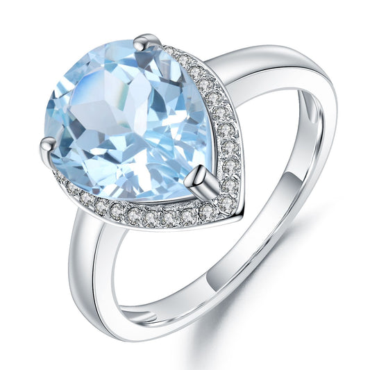 European  Luxury Premium Sense Natural Topaz Soleste Halo Pear Drop Sterling Silver Ring for Women