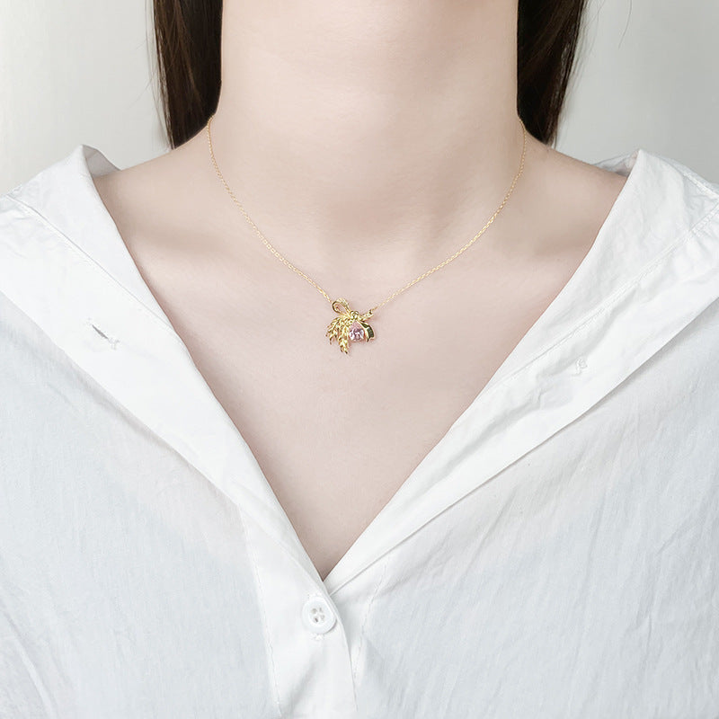 Wheat Bow with Pink Zircon Pendant Silver Necklace for Women