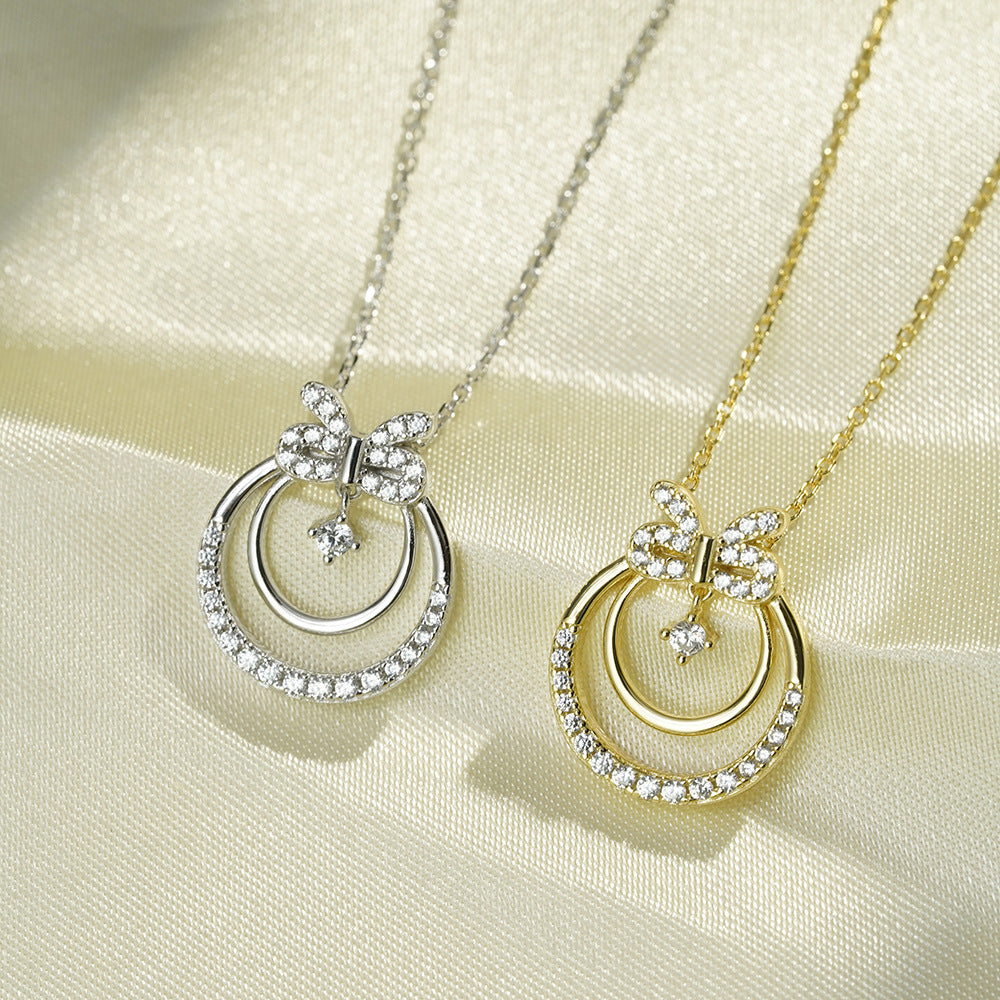 (Two Colours) White Zircon Circle Bowknot Pendants 925 Silver Collarbone Necklace for Women