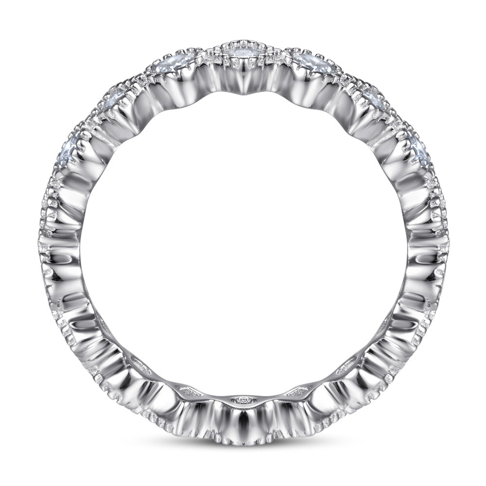 Rhombus and Round Zircon Beading Silver Ring
