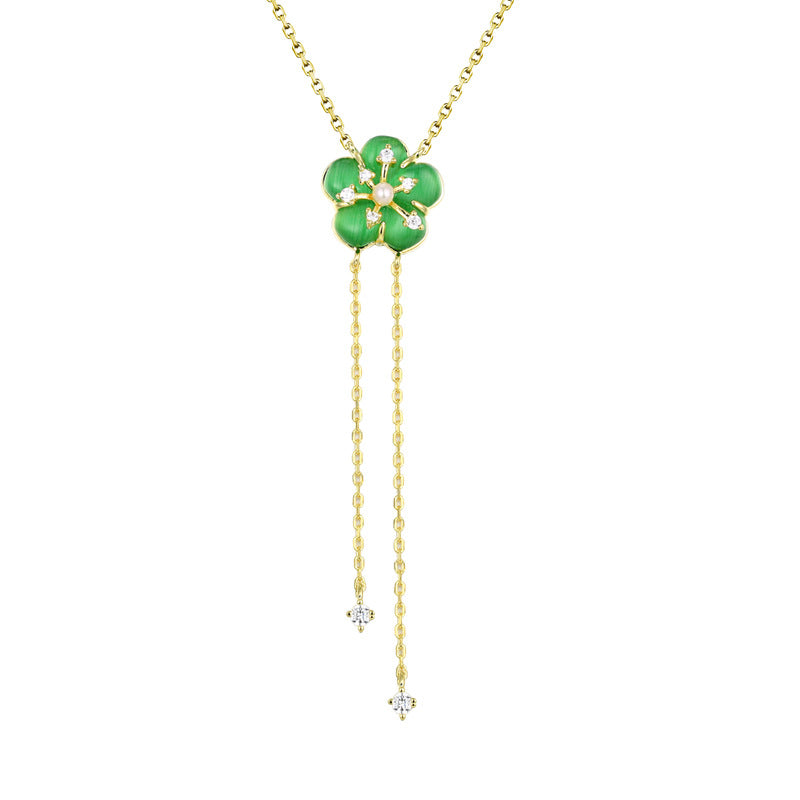Green Opal Stone Flower with Zircon Tassel Silver Necklace for Women