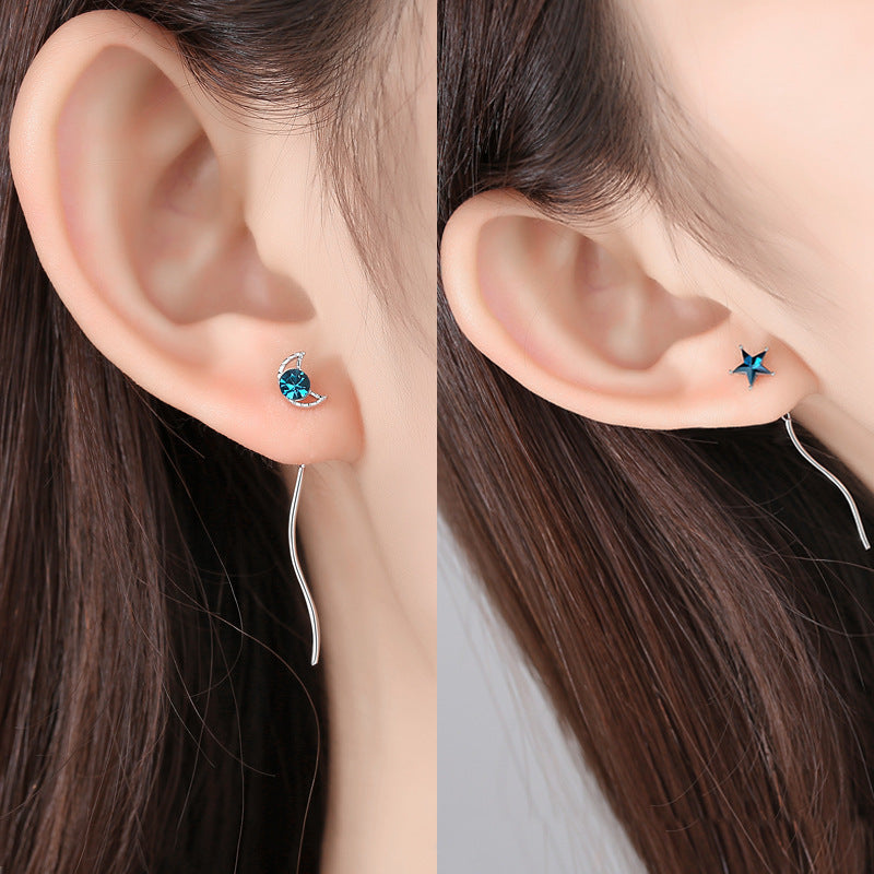 Blue Zircon Star Moon Asymmetric Ear Line Silver Drop Earrings for Women