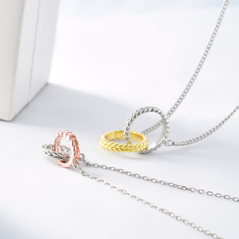 Double Bicolor Wheat Leaf Circle Clasp Silver Necklace for Women