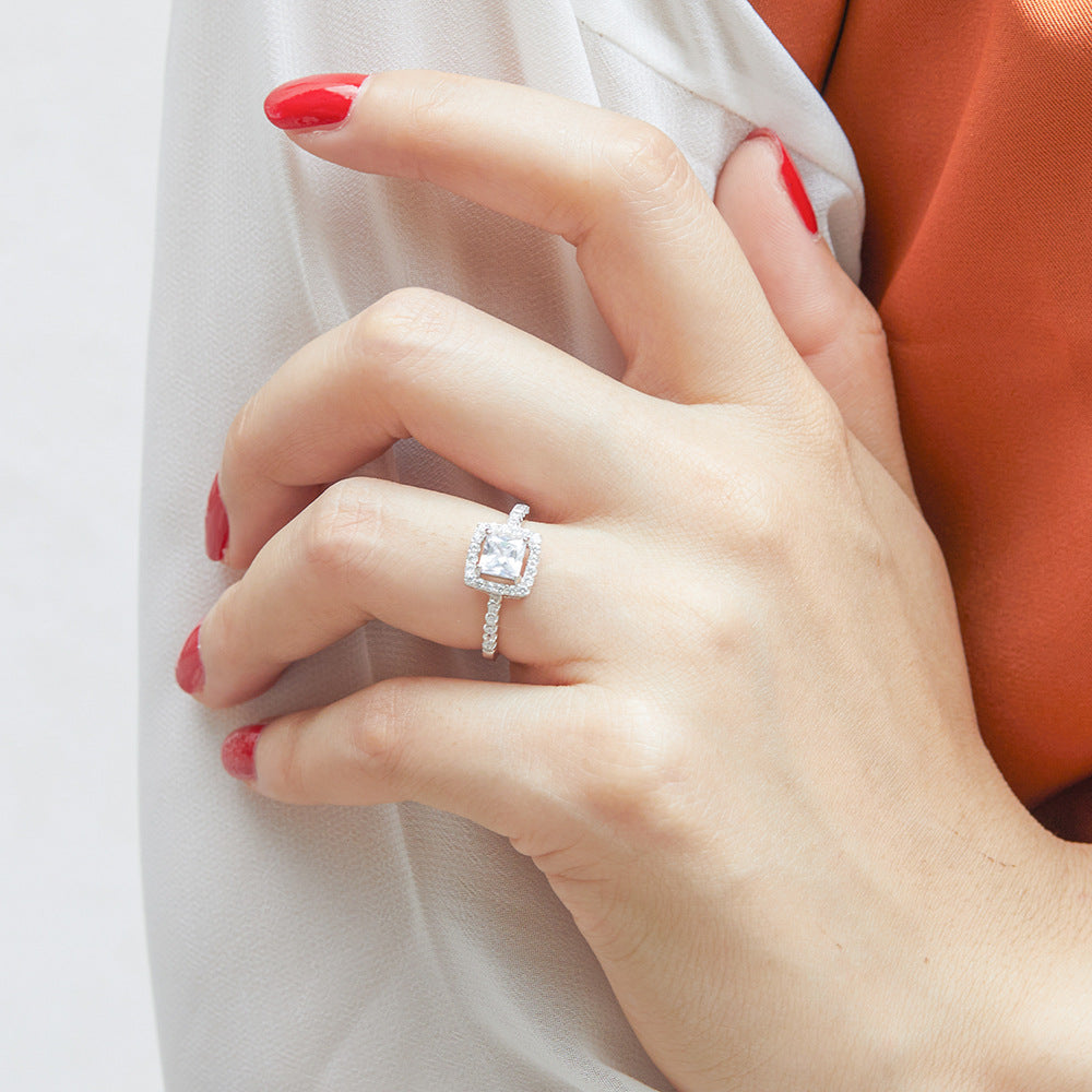 Princess Cut Zircon Soleste Halo Silver Ring
