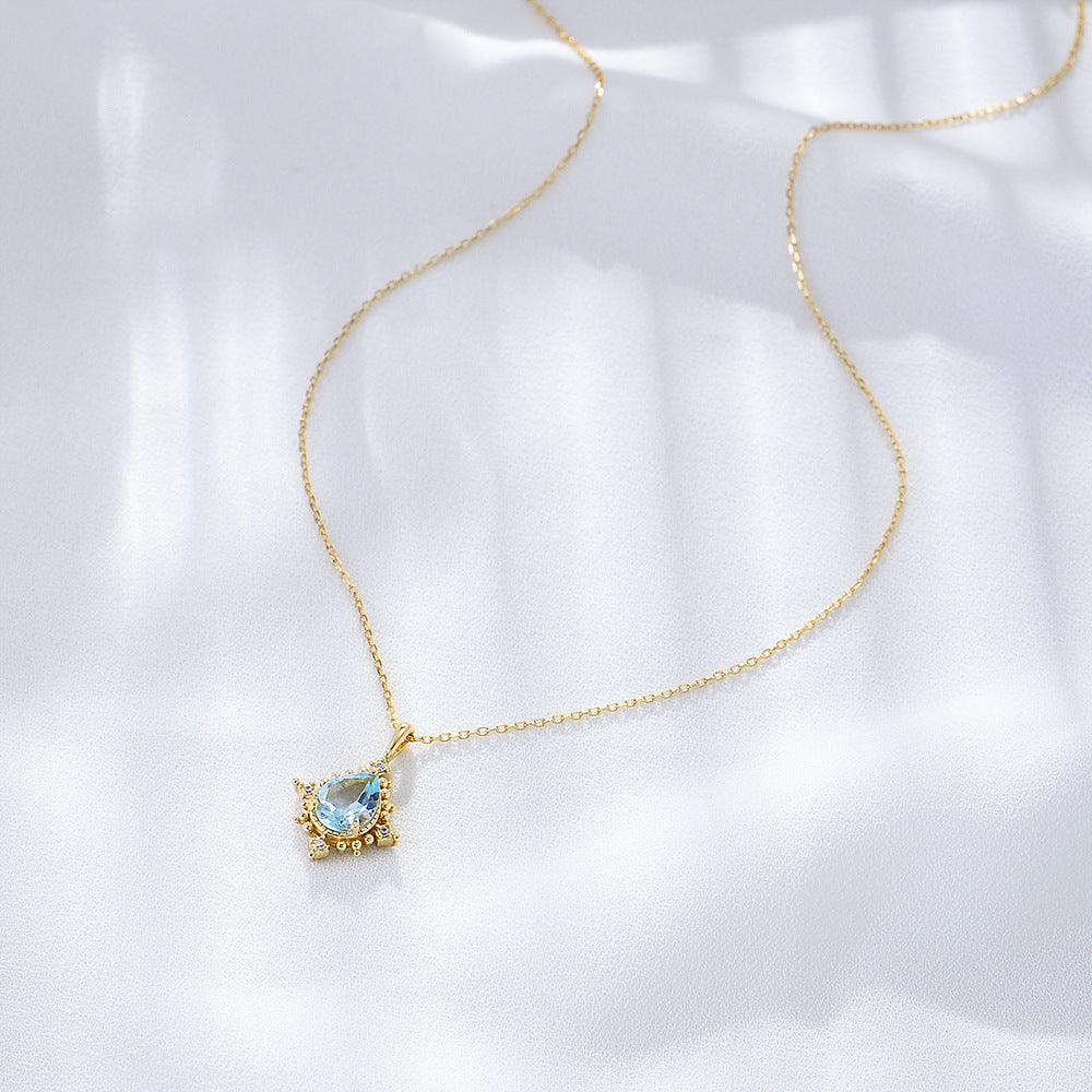 Droplet-shaped Sky Blue Topaz Pendant Silver Necklace for Women