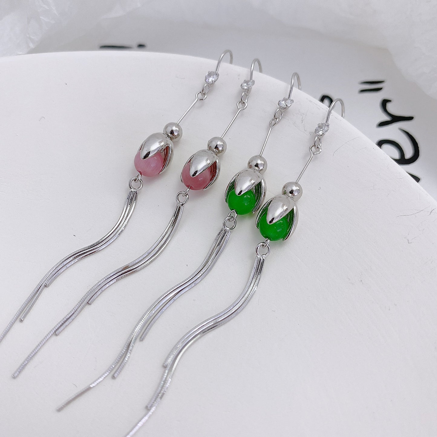 Colourful Opal Stone Flower Bud Tassel Silver Drop Earrings for Women