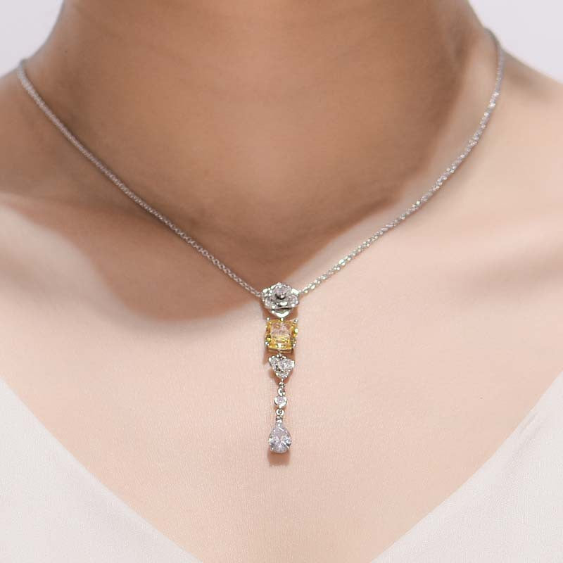 Yellow Zircon 8*8mm Cushion Ice Cut Camellia Silver Water Drop Pendants Necklace for Women