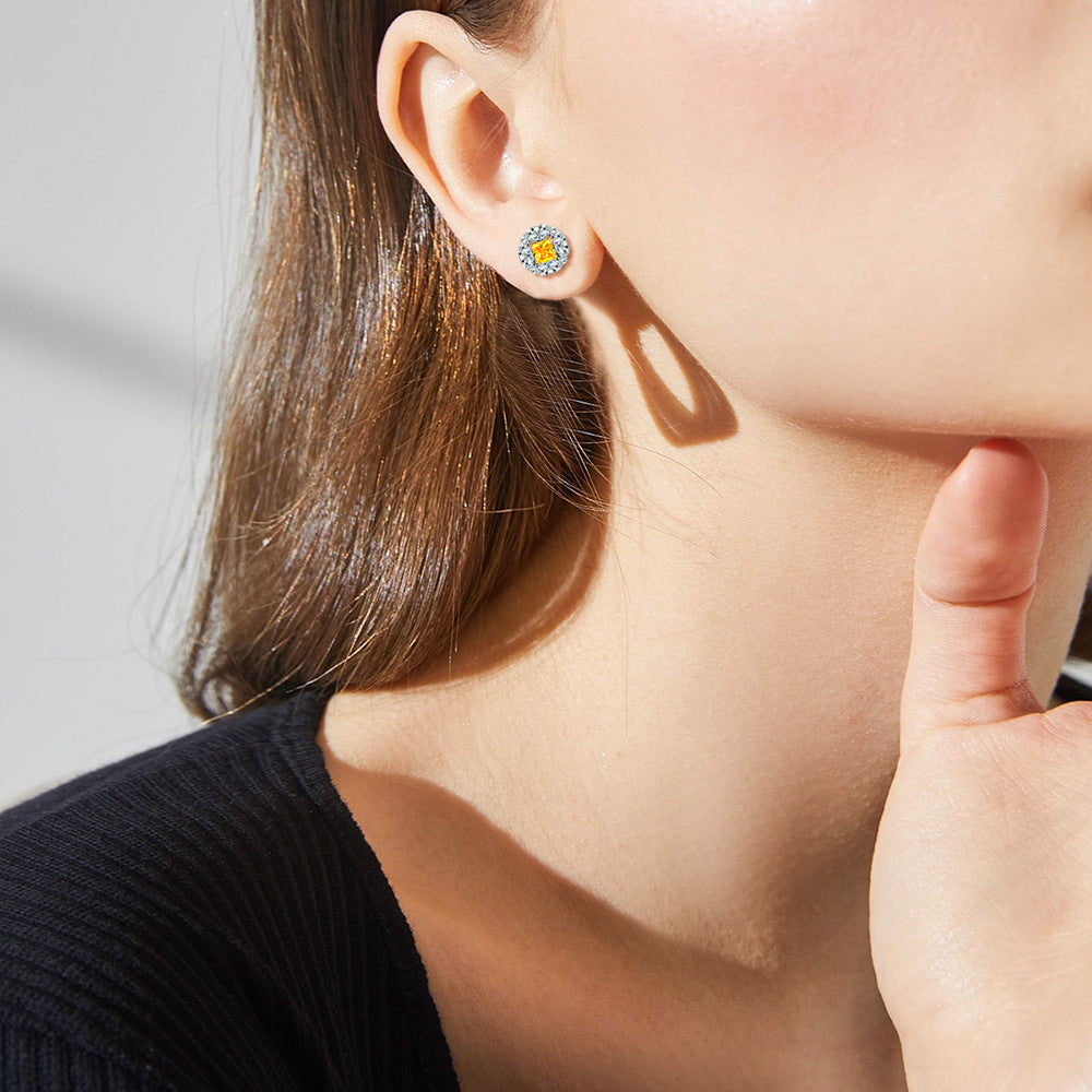 Yellow Zircon Soleste Halo Flower Shaped Silver Studs Earrings for Women