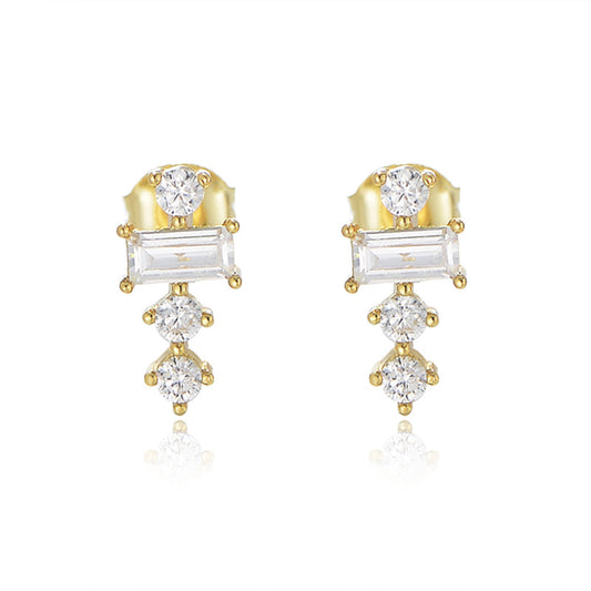 Rectangle Zircon with Beading Silver Studs Earrings for Women
