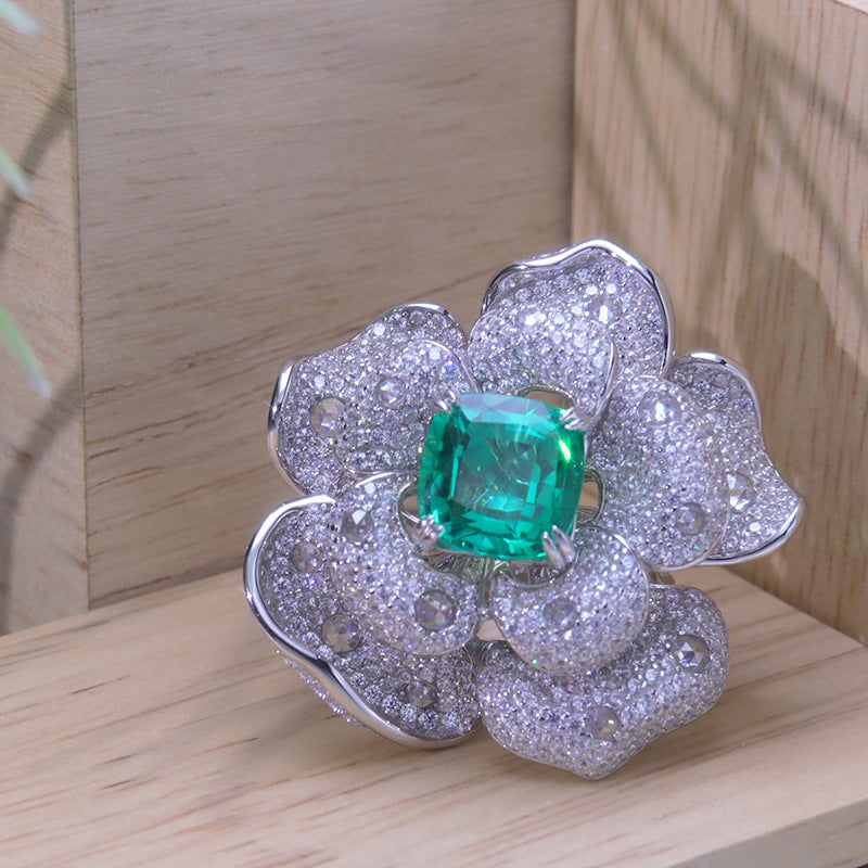 Lab-Created Emerald 10*10mm Square Ice Cut Luxurious Flower Silver Ring for Women