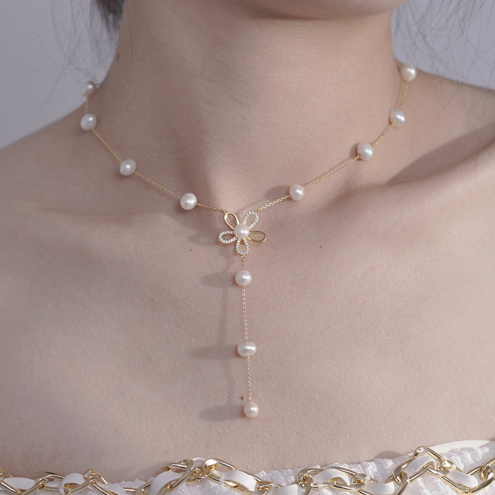 (Two Colours) White Zircon Flower with Natural Pearl Beading Tassles 925 Silver Necklace for Women