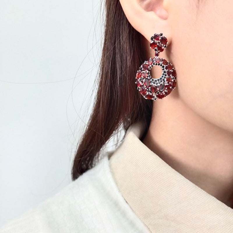 Natural Garnet Circle Silver Drop Earrings for Women