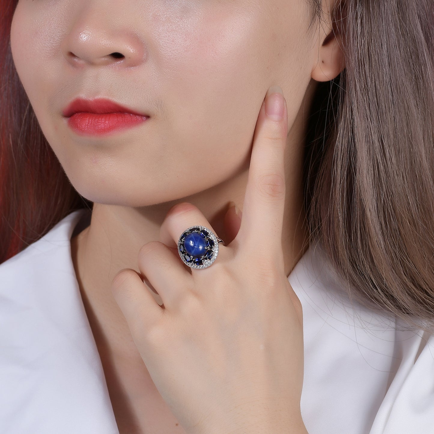 European and American Design Luxury Six Starlight Inlaid Sapphire Soleste Halo Silver Ring for Women