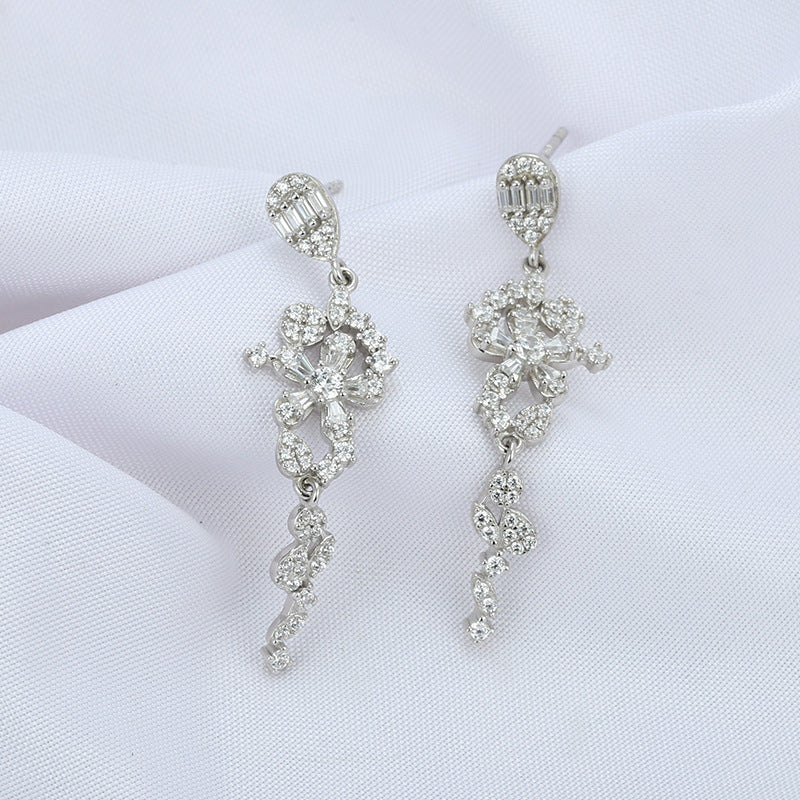 Stylish Flower with Zircon Silver Drop Earrings for Women