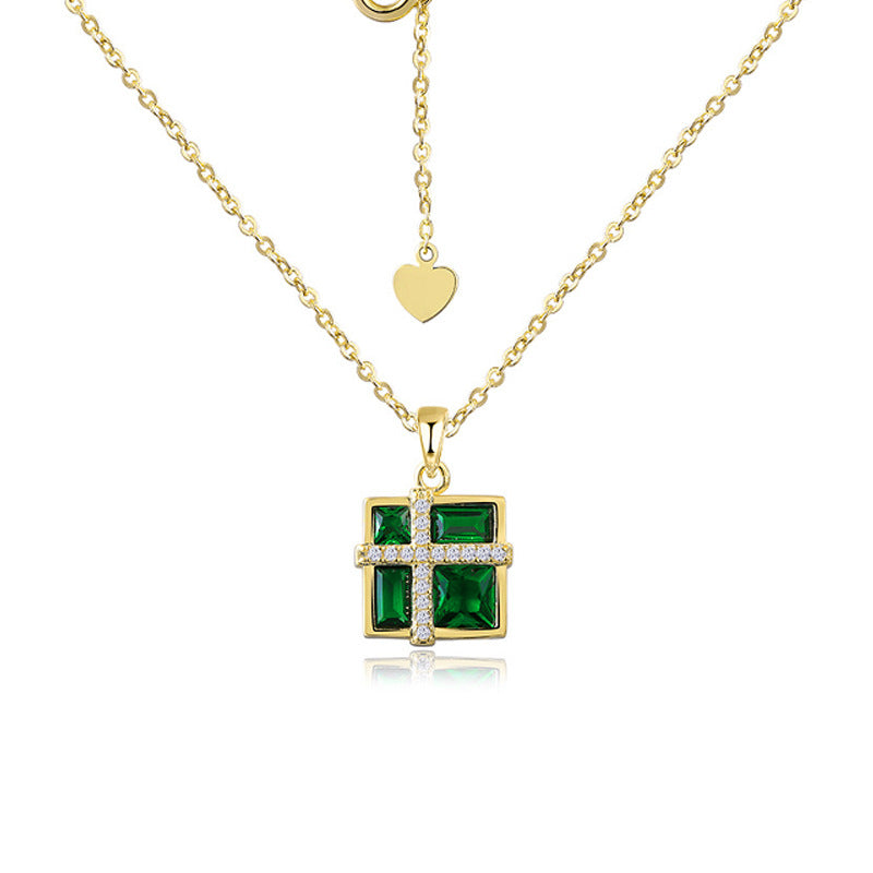 Green Zircon Square Pendant Silver Necklace for Women