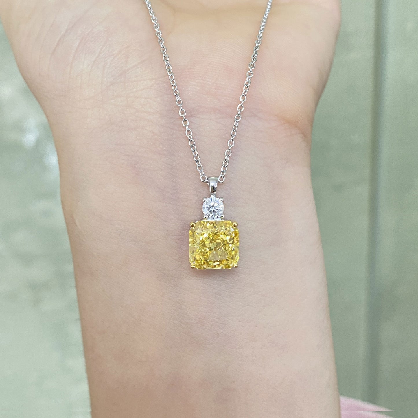 Yellow Zircon 10*10mm Square Ice Cut Pendants Silver Necklace for Women