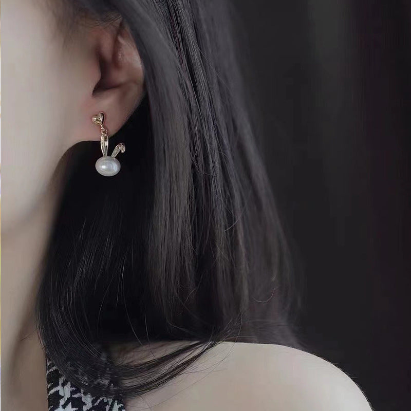 Rabbit with Oval Pearl Silver Drop Earrings for Women