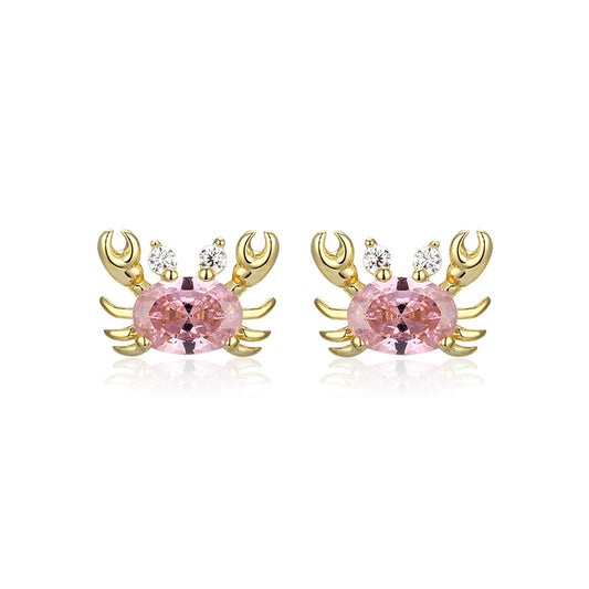 Pink Zircon Small Crab Silver Studs Earrings for Women