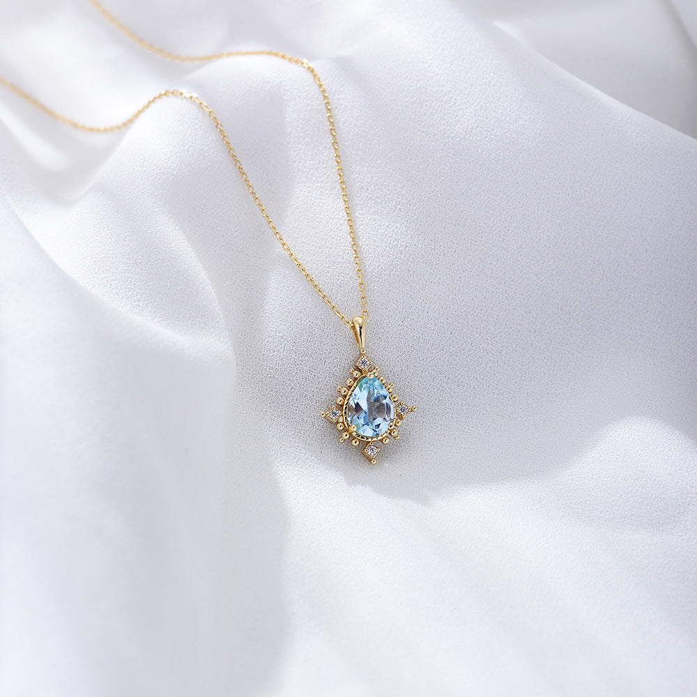 Droplet-shaped Sky Blue Topaz Pendant Silver Necklace for Women