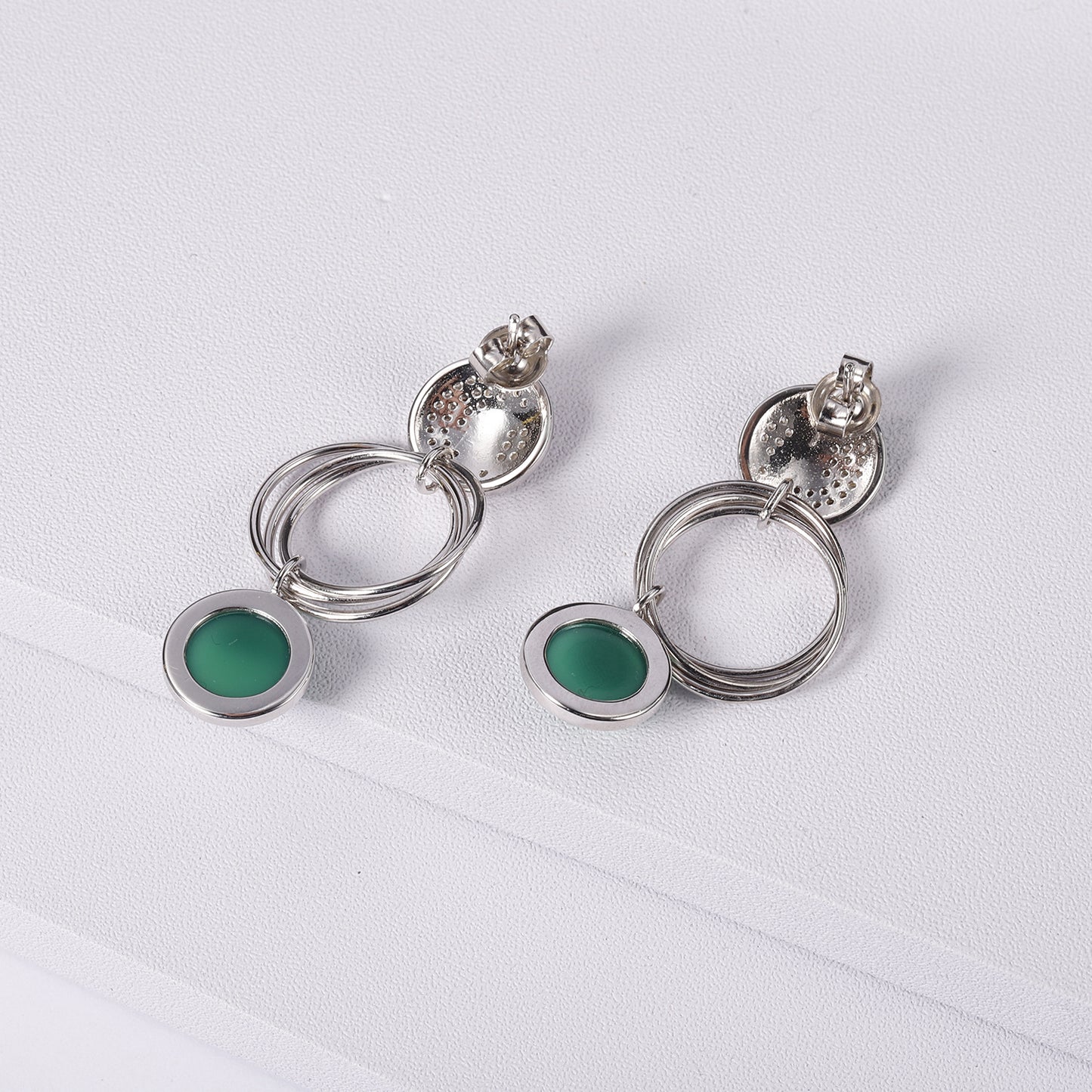 Geometric Design 925 Silver Green Agate Drop Earrings for Women
