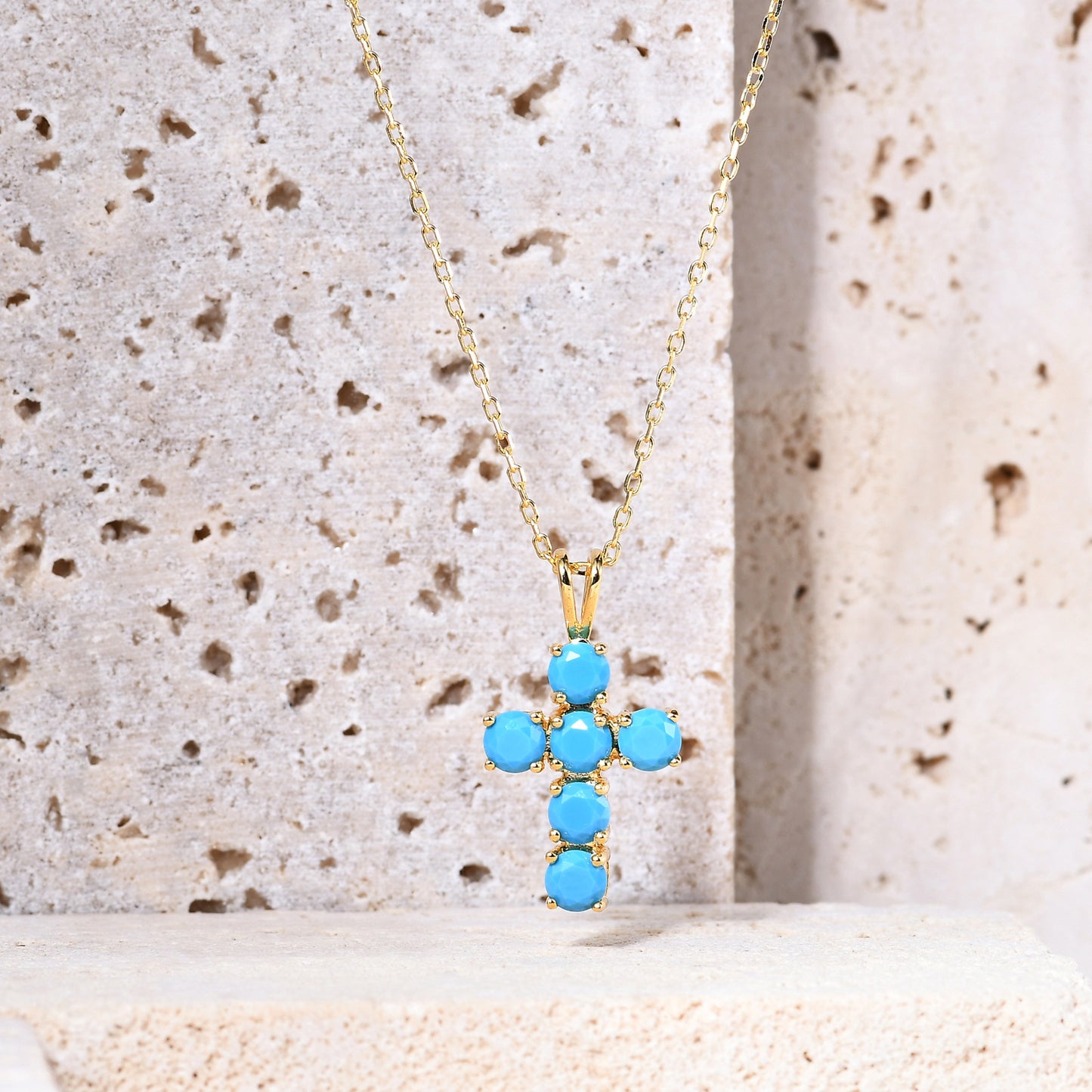 Exquisite Temperament Style Inlaid Synthetic Turquoise Cross Pendant Plated Gold Silver Necklace for Women