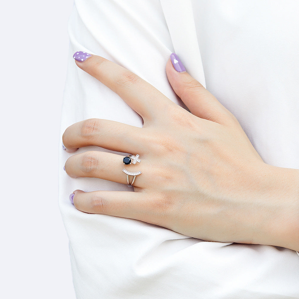 Style Black Round Zircon with X Silver Ring