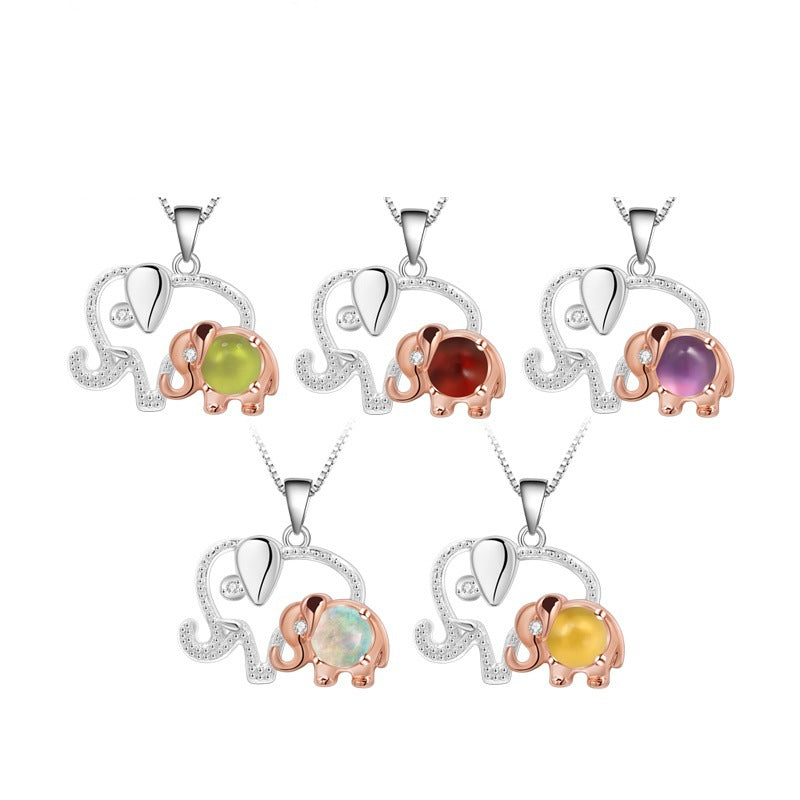 Mother's Day Gift Light Luxury Fashion Design with Colourful Gemstone Mother and Baby Elephant Pendant Sterling Silver Necklace for Women